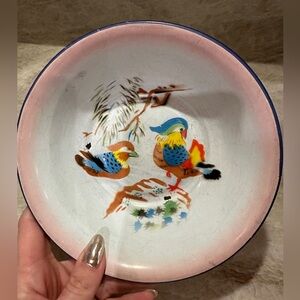 Vintage Lucky Elephant Enamel Bowl – Bird Motif – 7” Diameter – Decorative
